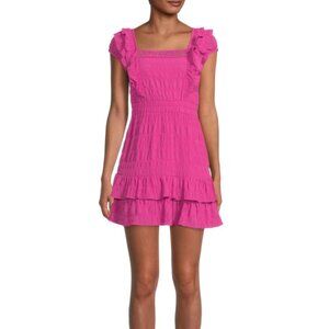 Betsey Johnson Smocked Ruffle Mini Dress Pink Womens XS Flirty Party Designer